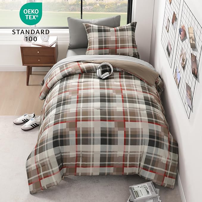 MaiRêve Twin XL Comforter Set, Plaid Design Comforter Set 5 Pieces,Twin XL Comforter for Dorm Farmhouse All Season Lightweight &Comfy with Fitted Sheet, Flat Sheet (Khaki, 66"x90")