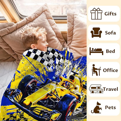 Blanket for Boys, Racing Car Throw Blanket Gifts for Kids Boys Age 10-12, 50"x60" Cool Flannel Blankets Gift for Son Cars Lovers Lightweight Throws for Couch Sofa Bed Decor