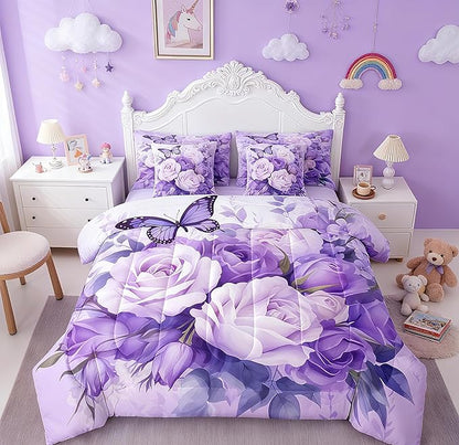 Feelyou Purple Rose 7 Piece Bedding Set King Size Butterfly Comforter Set with Sheets for Women Girls Teens Floral Flower Bed in a Bag Romantic Bed Set