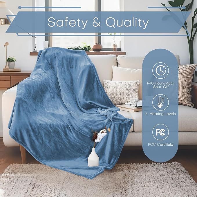 Electric Heated Blanket Twin Size 62"x84" - Microplush & Sherpa Fabric Dual-Sided, 6 Heat Settings & 1-10 Hours Auto Off , Cozy Warming Throw for Home, Office, or Bed, Machine Washable，Slate Blue