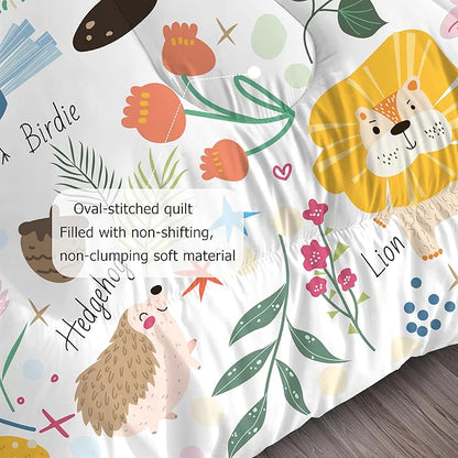 Comforter Set Cartoon Animals: Queen Size Cute Bedding Set for Kids Teen Girls Toddler Boys Kawaii Fox Bear Lion Flowers Soft Quilt Duvet Bed Sets 1 Comforter & 2 Pillowcases