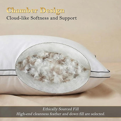 Feather Pillows King Size Set of 2 Goose Down Pillows with 100% Breathable Cotton Cover, Hotel Collection Bed Pillows for Sleeping, Soft Support for Back, Stomach and Side Sleepers