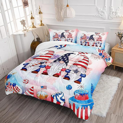 Gnome Bedding Set for Kids Boys Girls, American Flag Comforter Set Twin Size for Festival Celebration, Red Blue Star Quilt with 2 Pillowcases