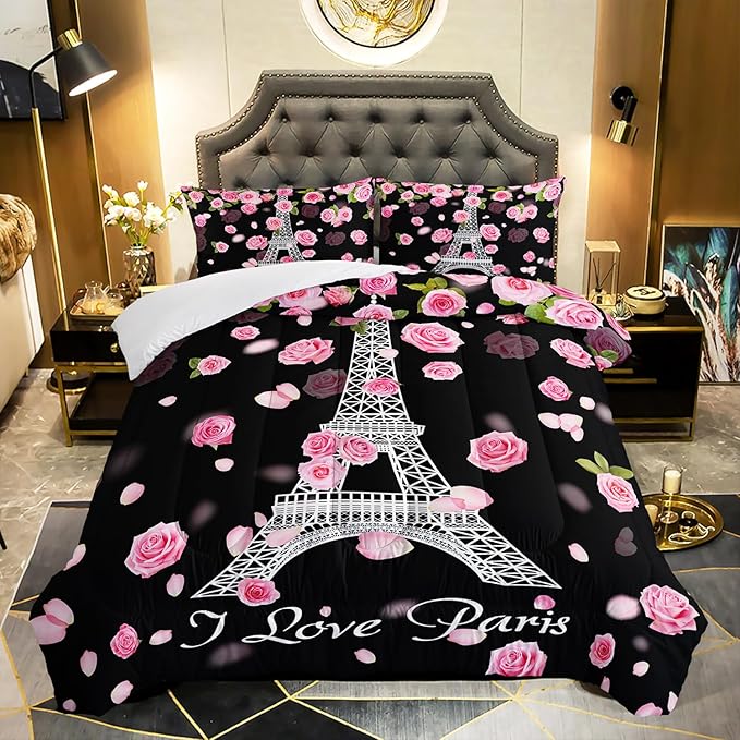 Eiffel Tower Comforter Set Twin Size Girls Pink Rose Paris Bedding Set Romantic Theme Decor Adult Women Couple Quilted Bed Set with 1 Comforter and 2 Pillowcases