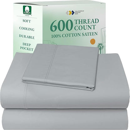 California Design Den Luxury Twin XL Sheet Set - 100% Cotton, 600 Thread Count Deep Pocket XL Twin Sheets, Soft Hotel-Quality Bedding with Weave - Light Grey