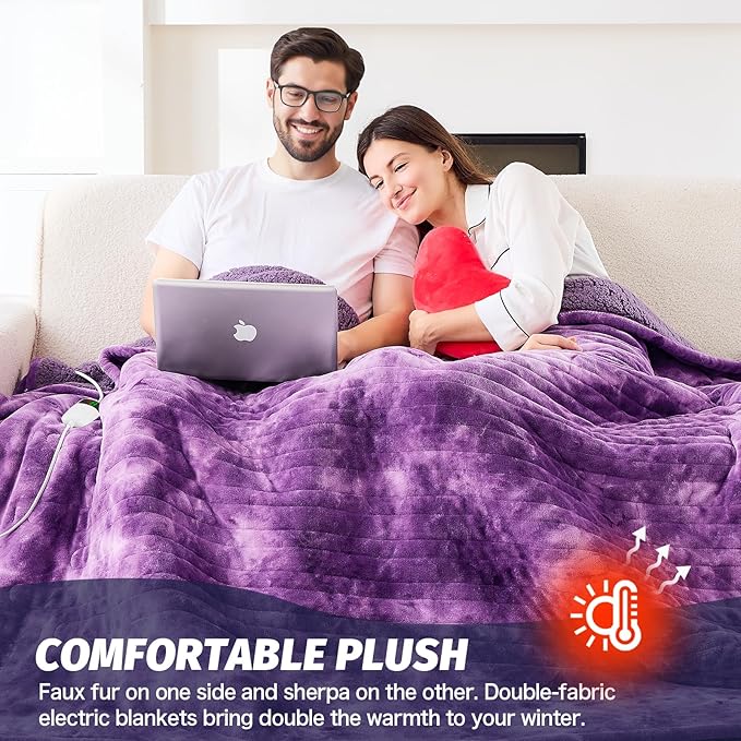 greenoak Heated Electric Blanket Throw, Faux Fur Sherpa Heating Blanket for Sofa Bed, Warm Winter Gifts for Women/Her, Heater Lap Blankets 5-Position Timer &10 Heating Levels 84''*90" Purple