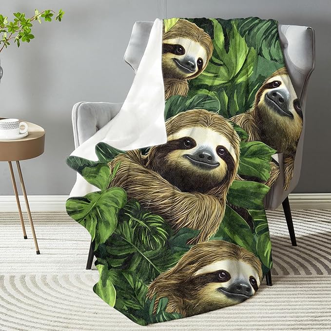 Sloth Jungle Blanket,Decorative Throw with Cute Animal and Tropical Leaf,Lightweight Flannel Blankets for Picnic,Camping,Travel,Ideal Gifts for Teens Wildlife and Nature Lovers 50"x60"