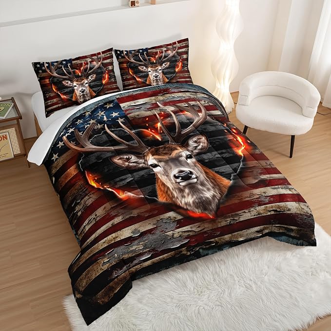Deer Bedding Sets for Kids Boys Girls Room Decor,Hunting Themed American Flag Bedding Comforter Sets,Western Comforter Sets Camo Twin Bedding Set with 2 Pillowcases.