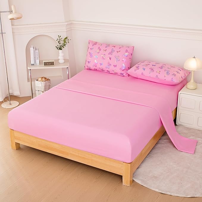 MWMWMW 5 PCS Pink Butterfly Comforter Set Queen, Girls Butterfly Bedding Set Queen, Girls Pink Comforter Sets with 1 Comforter, 1 Flat Sheet, 1 Fitted Sheet & 2 Pillowcases