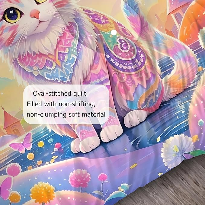 Cat Comforter Set Full: Rainbow Exotic Cat Bedding Set Kawaii Colorful Kitten Quilts Pet Feline Flowers Castle Bed Sets for Teens Girls Kids Women 1 Comforter & 2 Pillowcases