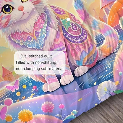 Rainbow Cat Bedding Set: King Size Cat Print Comforter Set Ethnic Kitten Castle Quilts for Women Adults Teens Couple Colorful Feline Butterflies Floral Pet Bed Set 3 Piece