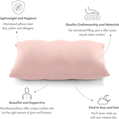 PILLOWY Premium Microbead Bed Pillow, Small Extra Fluffy But Supportive - Ultra Comfortable Sleep with Silk Like Anti Aging Cover 85% Spandex/ 15% Nylon Breathable, Cooling Cream Peach