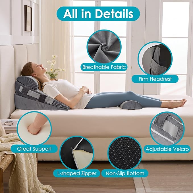 3Pcs Wedge Pillow Set for After Surgery,Acid Reflux Relief, Adjustable Bed Wedge Pillows for Sleeping,Anti Snore, Memory Foam Triangle Pillow for Back&Neck&Shoulder Pain Relief, Plush Grey