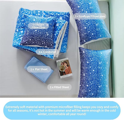 RYNGHIPY 6Pcs Gradient Aqua Blue Navy Ombre Comforter Sets with Sheets Pillowcases, Full Size Sparkle Glitter Design Comforter Bedding Collections for Kids Boys and Girls