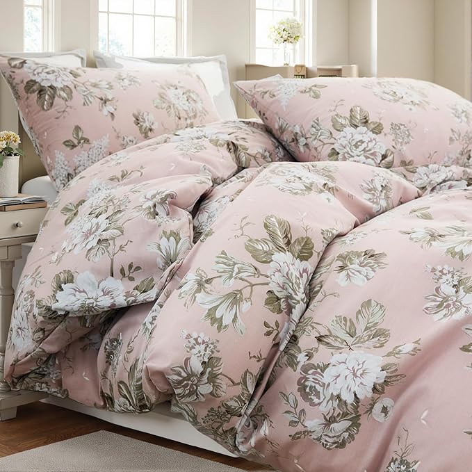 Floral Duvet Cover King Size Soft 100% Nature Cotton Vintage Style Pink Bedding Set with Zipper Closure 3 Pcs Cottagecore Botanical Duvet Cover, Ultra Soft, Breathable