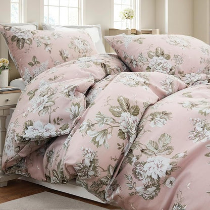 Floral Duvet Cover King Size Soft 100% Nature Cotton Vintage Style Pink Bedding Set with Zipper Closure 3 Pcs Cottagecore Botanical Duvet Cover, Ultra Soft, Breathable