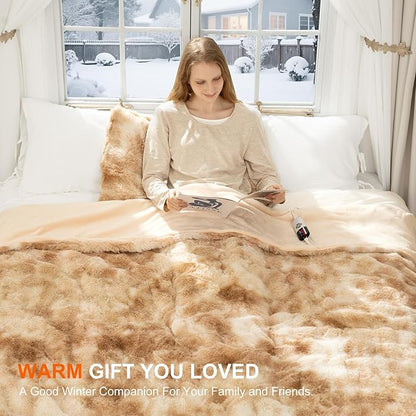 Faux Fur Heated Blanket Full Size 72"X84" - Bubble Faux Fur Electric Blanket Fluffy Soft Fuzzy with 6 Fast Heating Levels & 10 hrs Timer Settings, Washable & ETL Certified for Bed, Tie-Dye Beige