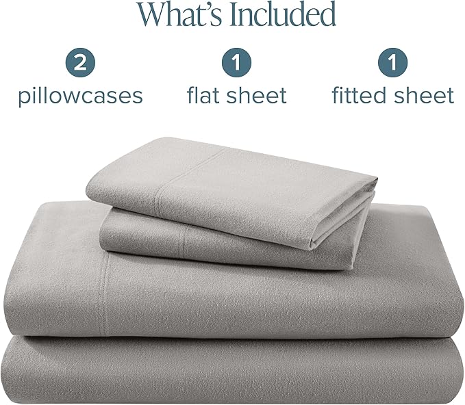 Bare Home Flannel Sheet Set 100% Cotton, Velvety Soft Heavyweight - Double Brushed Flannel - Deep Pocket (California King, Light Grey)