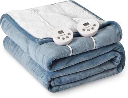 Heat Blanket 84”x90” Queen Size-Dual Control，Soft Flannel & Sherpa Electric Blanket with 10 Heat Settings,12 Timer Setting and 8 Hours Auto-Off,ETL Certified Machine Washable,Light Blue