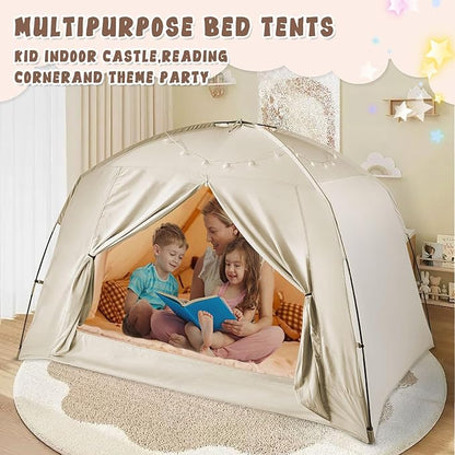 Bed Tents for Kids and Adult, Portable 100% Breathable and 85% Blackout Toddler Dream Play Tent, 3 Doors Privacy Space Sleeping Canopy for Indoor Floor or Twin Full Queen Sizes Bed (Khaki, Full-Size)
