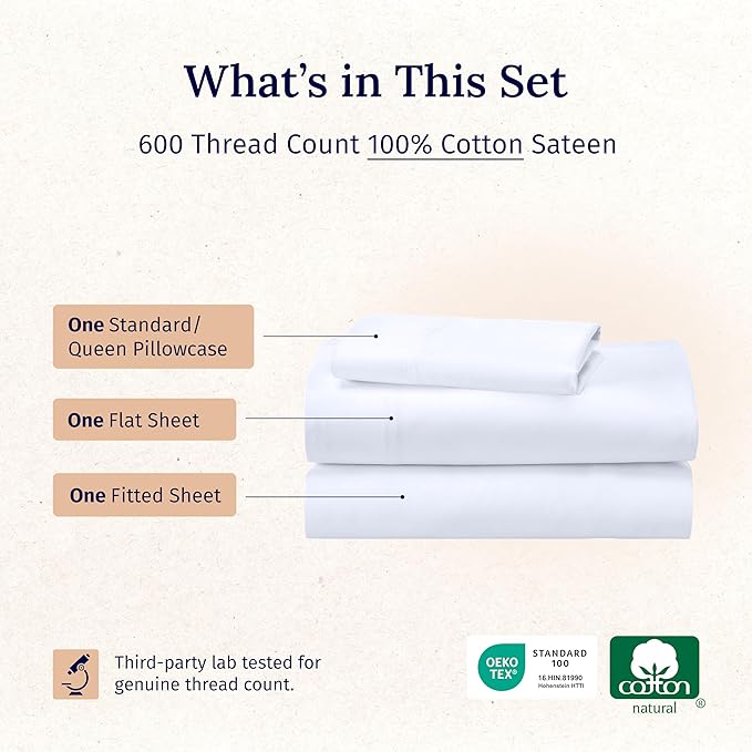 California Design Den Deep Pocket Twin Sheets Set - Luxury 600 Thread Count 100% Cotton Sateen, Twin Sheet Set with All Around Elastic for a Snug Fit, Hotel Quality Bedding - White