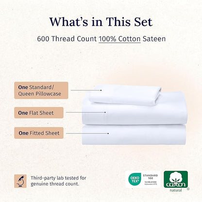 California Design Den XL Twin Sheets Set - Luxury 600 Thread Count 100% Cotton Sateen, Twin XL Sheet Set with All Around Elastic for a Snug Fit, Hotel Quality Bedding - White