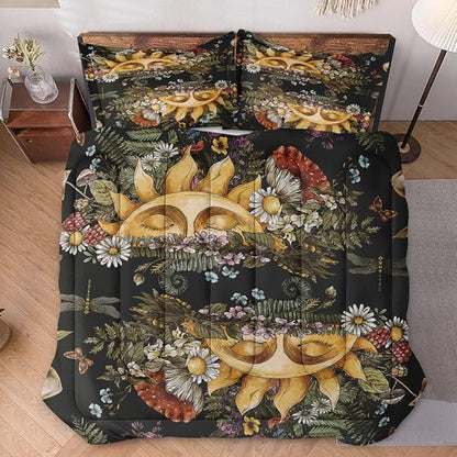 Full Size Comforter Set with 2 Pillowcase, Vintage Sun Moon Woodland Soft 3 Pcs Bedding for Kids and Adults, Mushroom Fern Plants Comforter Set for Room Bedroom Bed Decor