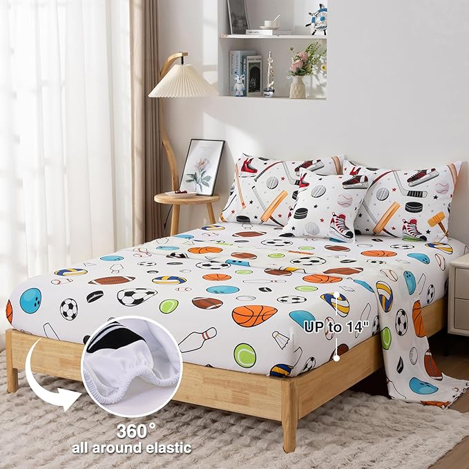 A Nice Night 6Pcs Full Sports Bedding Set for Boys, Full Comforter with Ice Skates, Baseball Bat & Hockey Design(White)
