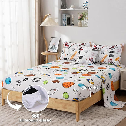 A Nice Night 6Pcs Twin Boys Bedding Set, Sports Themed Comforter with Ice Skates & Baseball Bat Design, Athletic Decor for Boys Bedroom(White)