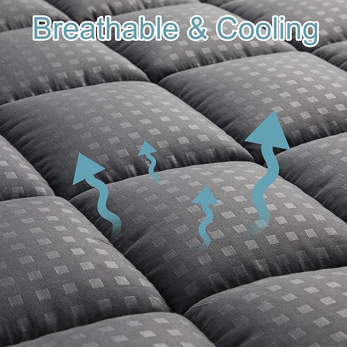 HYLEORY California King Mattress Pad Quilted Fitted Mattress Protector Cooling Pillow Top Mattress Cover Breathable Fluffy Soft Mattress Topper with 8-21" Deep Pocket, Dark Grey