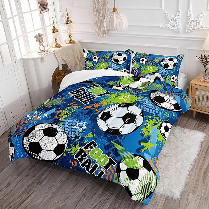 Soccer Comforter Set Sport Themed Blue Printed Bedding Set with 1 Comforter and 2 Pillowcases for Boys and Girls Bedroom All Season(Soccer-2 Full)