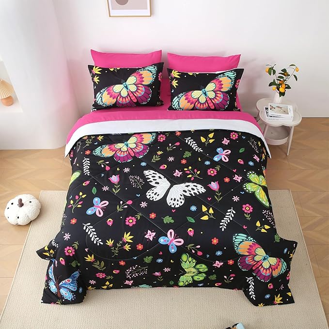 Girls Butterfly Comforter Set Queen Size Colorful Flowers Leaves Bedding Set for Kids Teens Adults Black 7 Piece Bed in A Bag Super Soft All Season