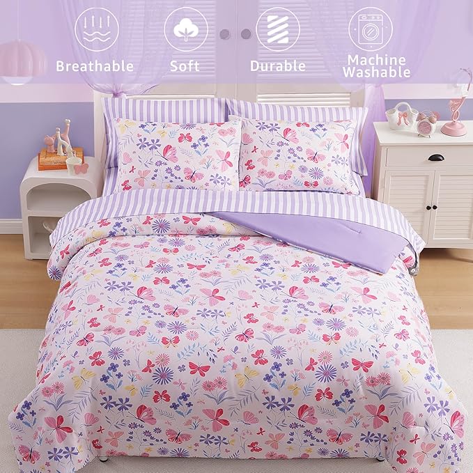 Twin XL Comforter Set for Girls, Butterfly Botanical Flowers Bedding Set, All Season Kids Bed in a Bag Dorm 5 Pieces with Sheets, Pillowcase & Sham