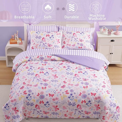 Twin XL Comforter Set for Girls, Butterfly Botanical Flowers Bedding Set, All Season Kids Bed in a Bag Dorm 5 Pieces with Sheets, Pillowcase & Sham