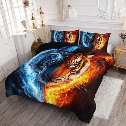 Tiger Comforter Set Wild Animals Flame Printed Bedding Set with 1 Comforter and 2 Pillowcases for Boys and Girls Bedroom All Season（Tiger Twin