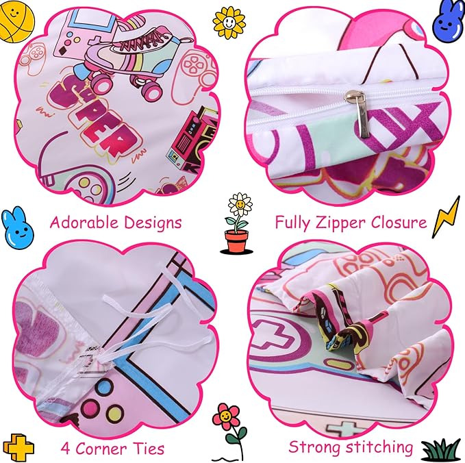 JSD Pink Gamer Kids Duvet Cover Set Twin Size, 2 Piece Soft Printed Microfiber Comforter Cover with Pillow Sham Zipper Closure, Comforter Not Included