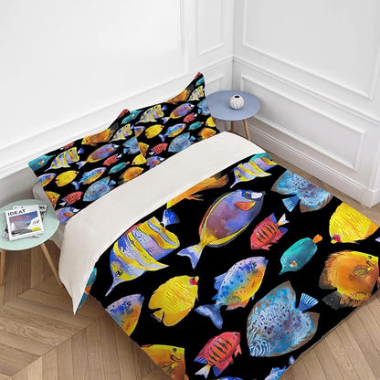 Ocean Tropical Fish Theme 3 Pieces Duvet Cover Comforter Set with 2 Pillowcase King Size Sea Nautical Fishing Bed Sheet Quilt Bedroom Bedding for Lover Kids