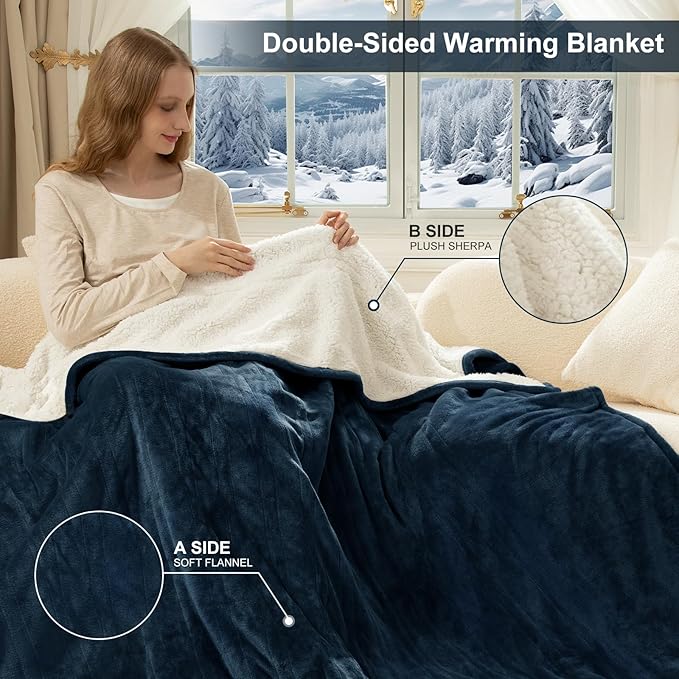 Queen Size Heated Blanket - Dual Control Electric Blanket Queen with 5 Heating Levels, 10 Hours Auto Off, Overheat Protection, Washable Flannel Sherpa Heating Blanket, 84 x 90 Inch, Navy