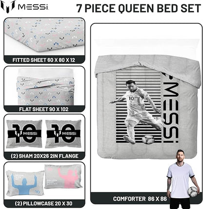 Jay Franco Kids Comforter Set Includes Sheets and Pillow Cover - Soft and Cozy Bed Set for Stylish Room Décor, Grey - Lionel Messi, 7 Piece Queen