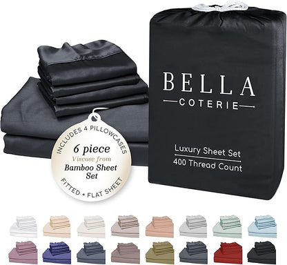 Bella Coterie 6 Piece Luxury Bamboo Viscose Queen Size Sheet Set | 100% Organically Grown | Cooling for Hot Sleepers | 18" Deep Pocket | Soft & Hypoallergenic | 4 Pillowcases [Black]