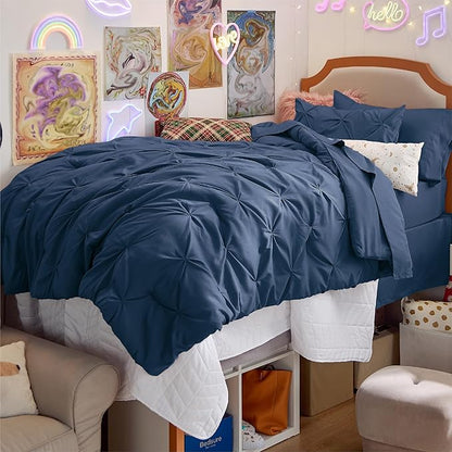 Bedsure Twin Comforter Set Navy - Bed in a Bag Twin Size Bedding 5 Pieces, GentleSoft™ Pintuck Bed Set Gift for Family, Pinch Pleat Navy Comforter with Sheets, Pillowcase & Sham