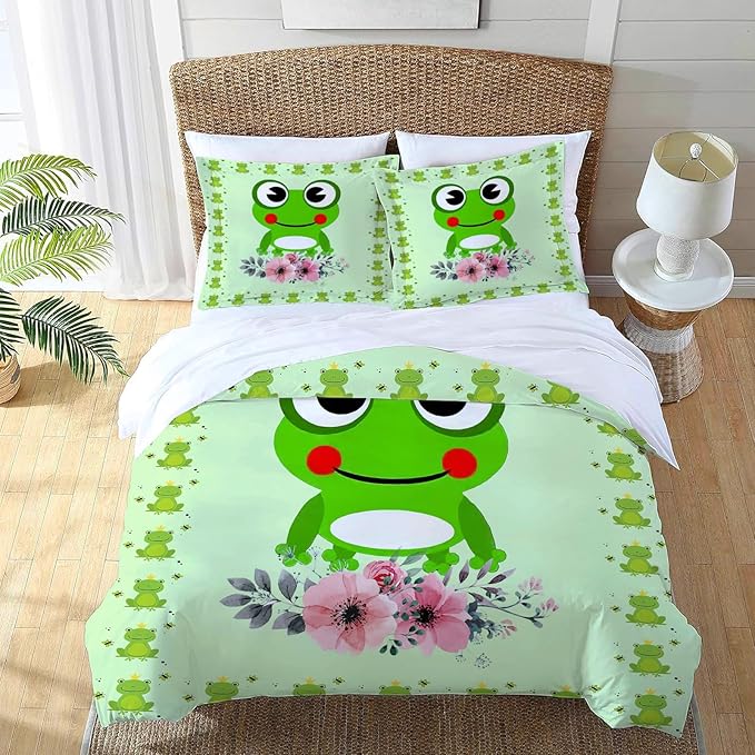 Frog Bedding Set Cartoon Frog Theme Comforter Set for Kids Teens Adults Women Men Green Frog Duvet Cover Bedroom Decor Soft King Size Quilt Cover with 2 Pillowcases