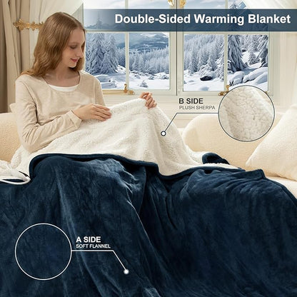Heating Blanket Full Size - 72" x 84" Flannel Sherpa Heated Blanket with Fast Heating, 6 Heating Levels, 1-10 Hours Timer Settings, Overheat Protection, Washable Electric Blanket, Navy