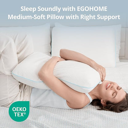 EGOHOME Memory Foam Pillow for Sleeping Standard Size, Medium Soft Bed Pillow with Washable Removable Cover for Back, Stomach, Side Sleepers, White 24" x 16"