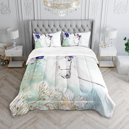 Floral Kid Galloping Horse Comforter Set Full Animal Theme Handsome Horse Bedding Set Decorated with Green and Gold Leaves for Boys Girls Adult, 1 Comforter + 2 Pillowcases