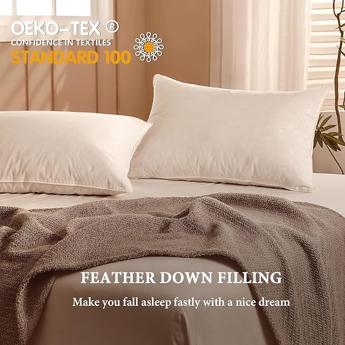 BHZ Goose Down Feather Pillows Queen Size Set of 2, Hotel Collection Bed Pillows for Sleeping Medium Firm Soft Support Pillow for Side and Back Sleepers with 100% Cotton Fabric