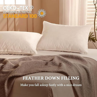 BHZ Goose Down Feather Pillows Queen Size Set of 2, Hotel Collection Bed Pillows for Sleeping Medium Firm Soft Support Pillow for Side and Back Sleepers with 100% Cotton Fabric