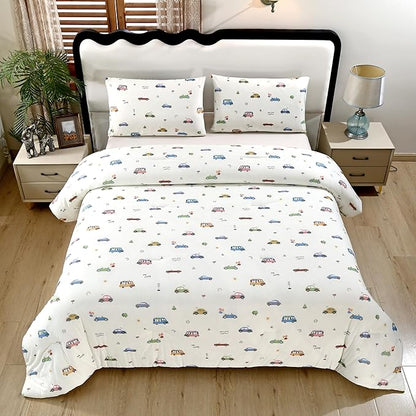 SDIII Cute Cars Comforter Twin Set 3 Pieces, Silky Breathable Microfiber and Spandex, Cartoon Cars Twin Bedding Set for Boys Girls Kids and Teens