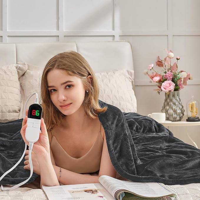 Heated Blanket Queen 84"×90" - Premium Cosy Soft Electric Blanket with 6 Heating Levels,Dual Control Fast Heating Flannel Sherpa Blanket for Bed & Couch,Auto Shut Off/Machine Washable (Grey)