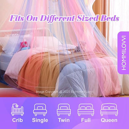 Rainbow Bed Canopy for Girls with Stars Lights, Princess Canopy Bed Curtains for Twin, Full, Queen Size Bed Hanging Canopy for Girls Room Decor, Kids Sheer Canopy Curtain